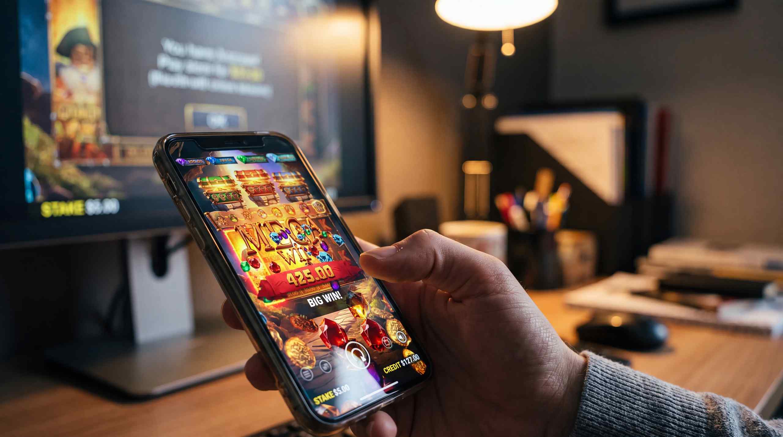 Someone playing a slot game on a mobile device.
